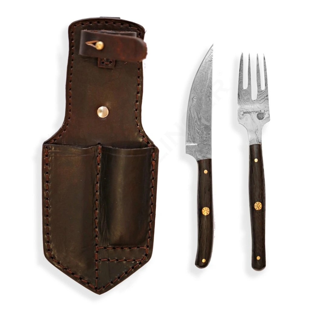 foto Set dama�kov�ho no�e a vidli�ky Dellinger Retter BBQ Damascus, ko�en� pouzdro